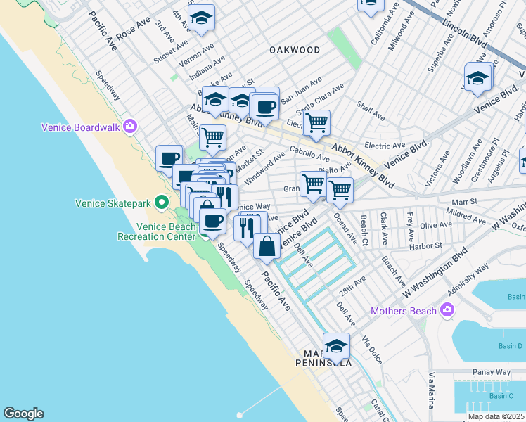 map of restaurants, bars, coffee shops, grocery stores, and more near 218 Venice Way in Los Angeles