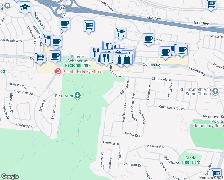 map of restaurants, bars, coffee shops, grocery stores, and more near 17527 Mondino Drive in Rowland Heights