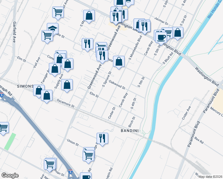 map of restaurants, bars, coffee shops, grocery stores, and more near 1317 S Montebello Blvd in Montebello