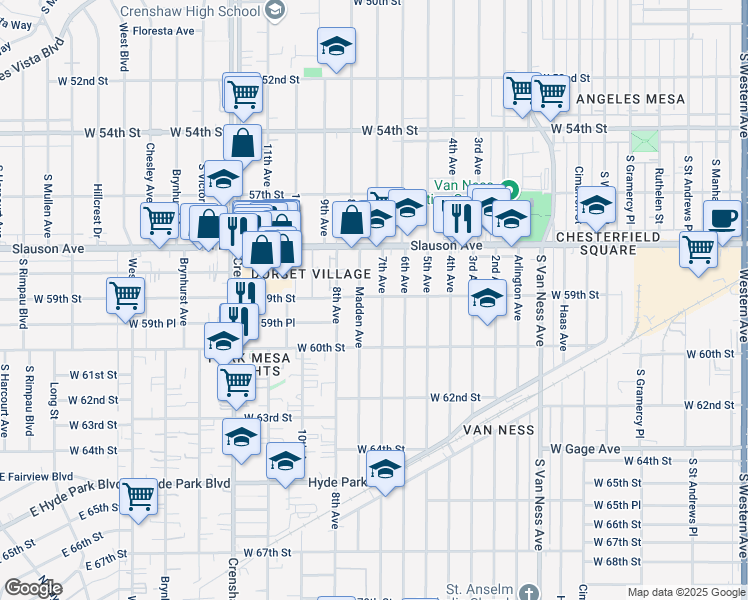 map of restaurants, bars, coffee shops, grocery stores, and more near 5901 7th Avenue in Los Angeles