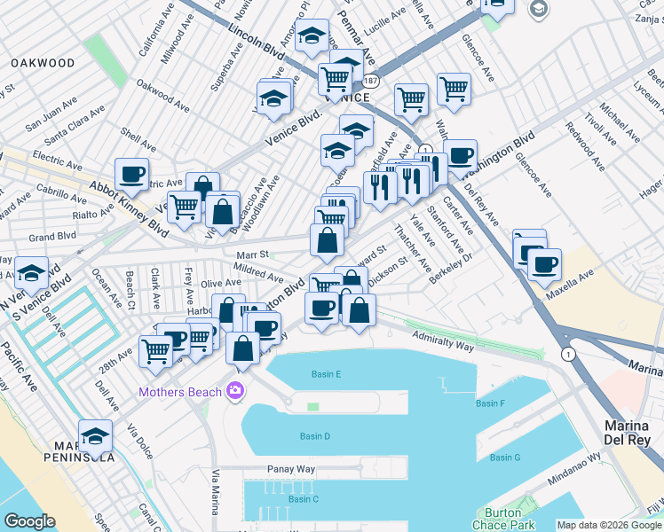 map of restaurants, bars, coffee shops, grocery stores, and more near 740 Washington Boulevard in Marina del Rey