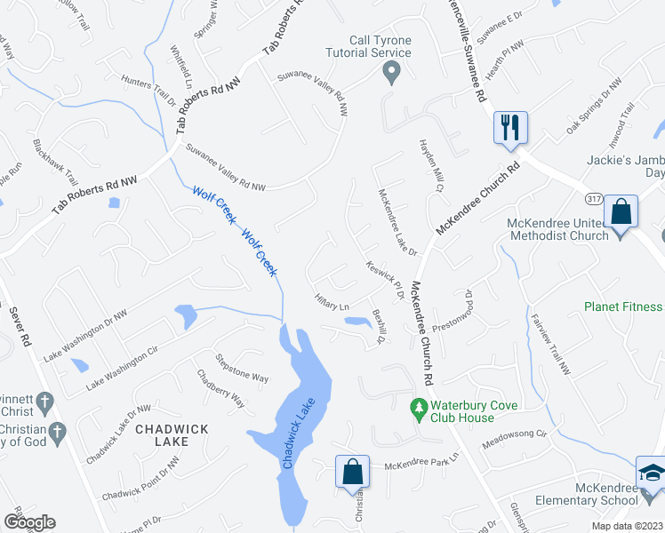 map of restaurants, bars, coffee shops, grocery stores, and more near 1160 Hillary Lane in Lawrenceville