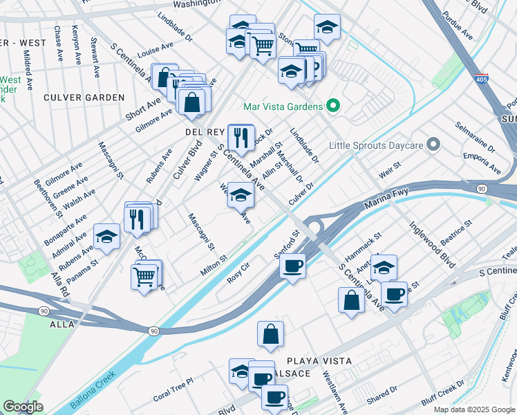 map of restaurants, bars, coffee shops, grocery stores, and more near 12428 Havelock Avenue in Los Angeles