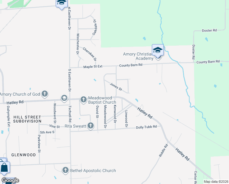 map of restaurants, bars, coffee shops, grocery stores, and more near 204 Ben Durrett Drive in Amory