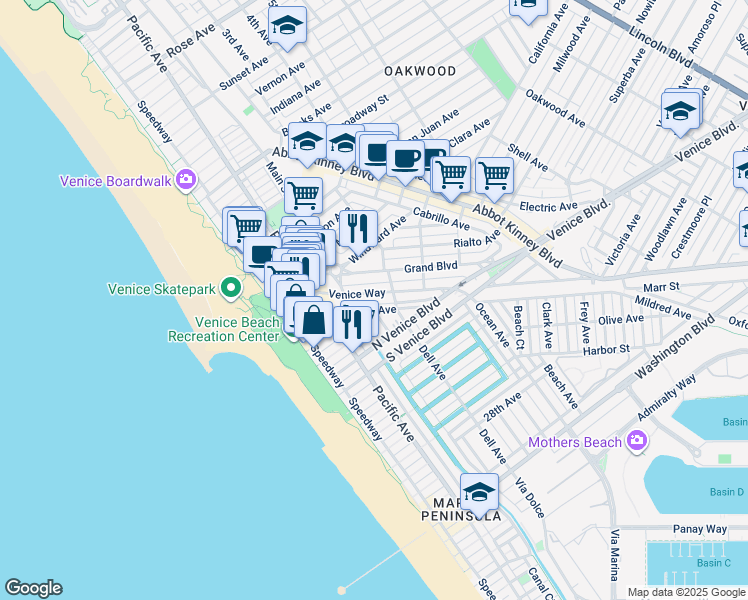 map of restaurants, bars, coffee shops, grocery stores, and more near 310 Venice Way in Los Angeles