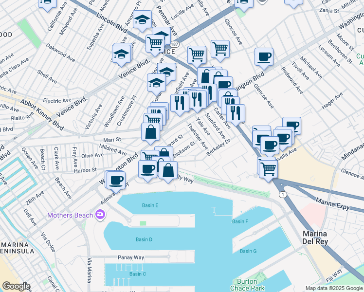 map of restaurants, bars, coffee shops, grocery stores, and more near 851 Dickson Street in Los Angeles