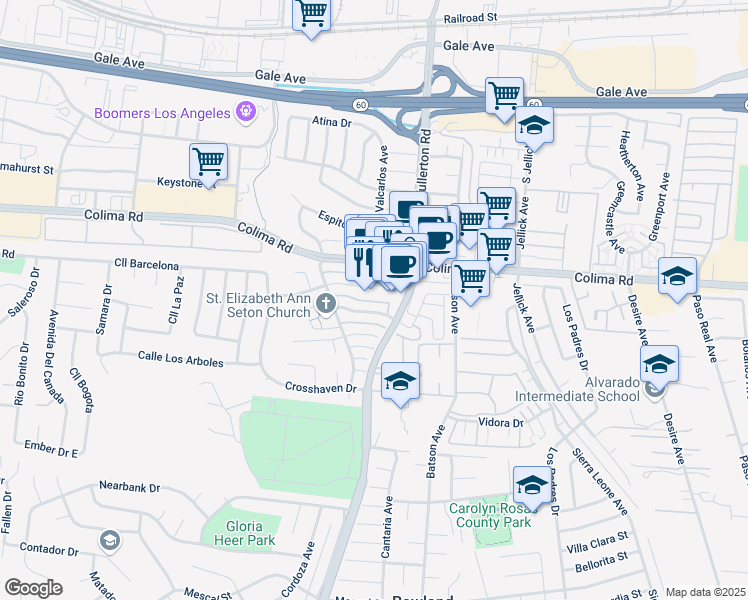 map of restaurants, bars, coffee shops, grocery stores, and more near 18131 Camino Bello in Rowland Heights