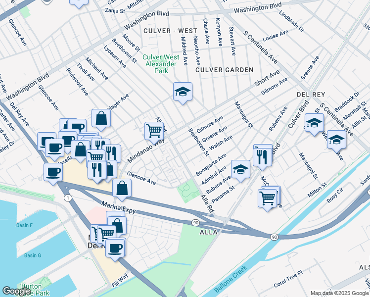 map of restaurants, bars, coffee shops, grocery stores, and more near 12939 Greene Avenue in Los Angeles