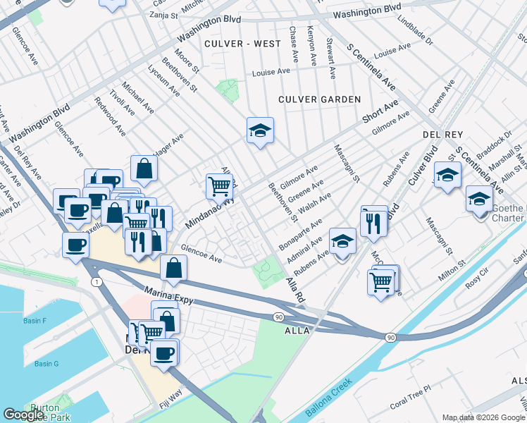 map of restaurants, bars, coffee shops, grocery stores, and more near 4518 Alla Road in Los Angeles