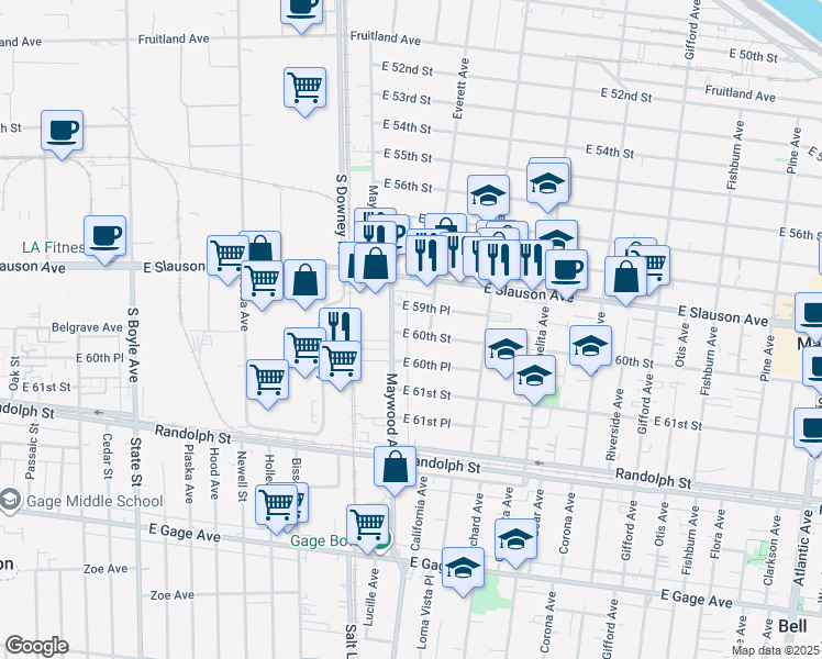map of restaurants, bars, coffee shops, grocery stores, and more near 3519 East 60th Street in Huntington Park