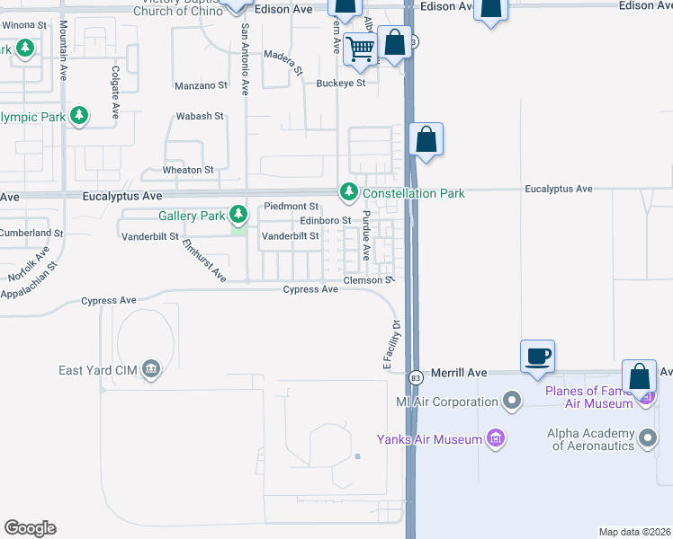 map of restaurants, bars, coffee shops, grocery stores, and more near 14606 Manchester Avenue in Chino