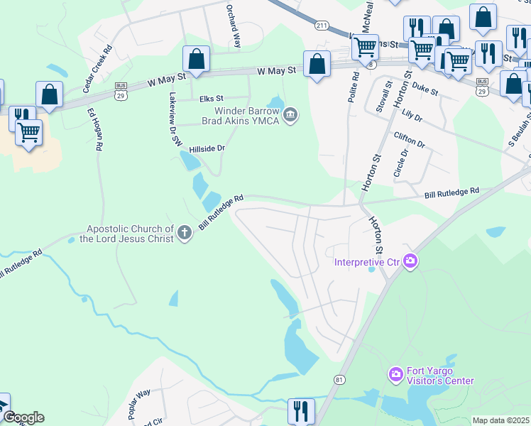 map of restaurants, bars, coffee shops, grocery stores, and more near 2056 Massey Lane in Winder