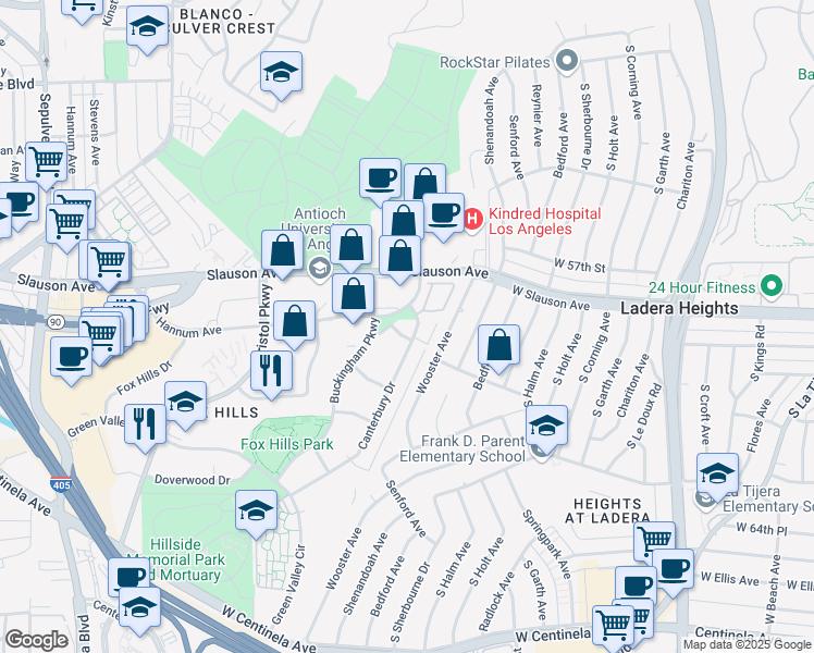 map of restaurants, bars, coffee shops, grocery stores, and more near 5625 Cambridge Way in Culver City