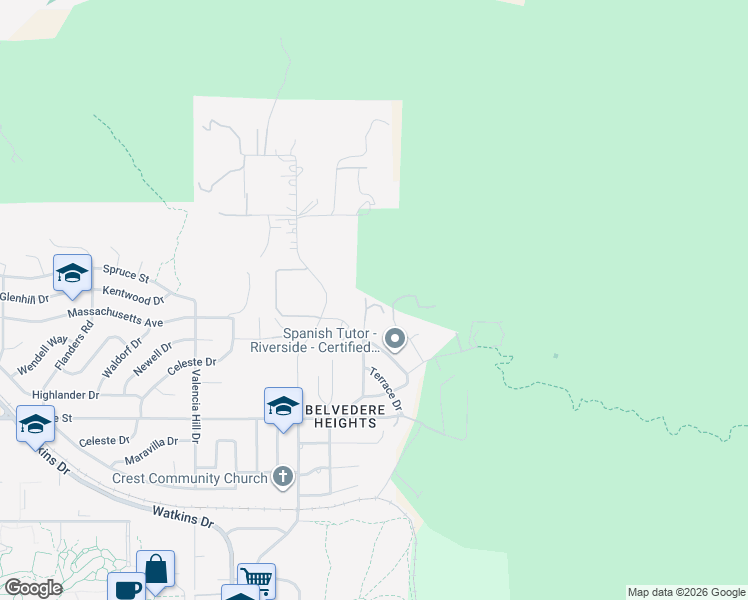 map of restaurants, bars, coffee shops, grocery stores, and more near 2820 Floral Avenue in Riverside