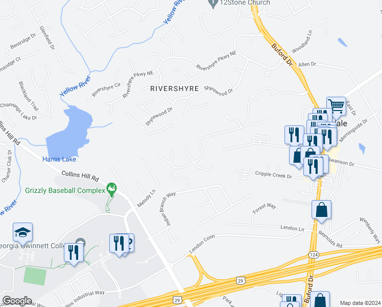 map of restaurants, bars, coffee shops, grocery stores, and more near 1089 Pennsylvania Run in Lawrenceville