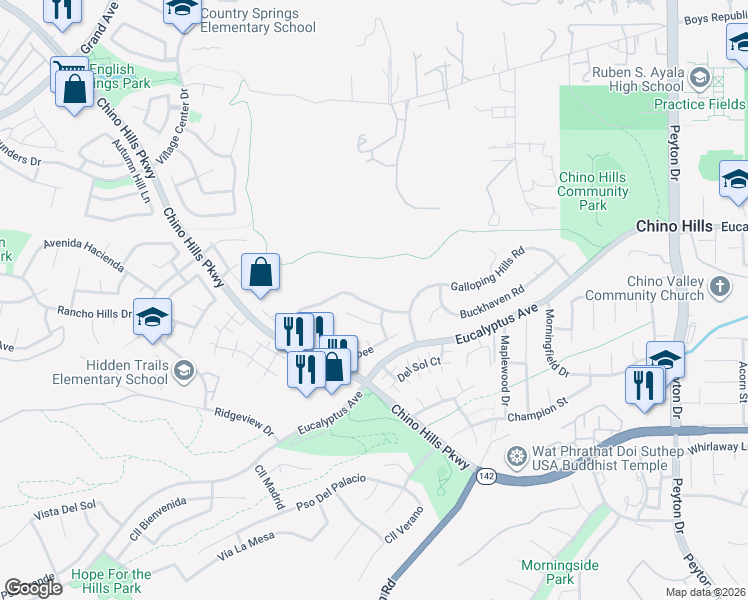map of restaurants, bars, coffee shops, grocery stores, and more near 2732 La Salle Pointe in Chino Hills
