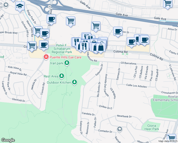 map of restaurants, bars, coffee shops, grocery stores, and more near 17527 Mondino Drive in Rowland Heights