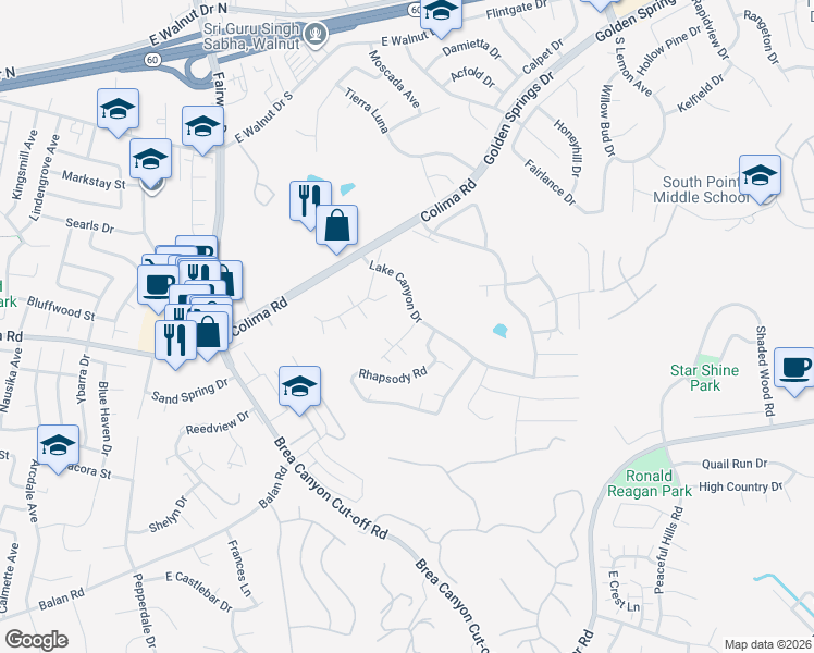 map of restaurants, bars, coffee shops, grocery stores, and more near 20157 Donway Drive in Walnut
