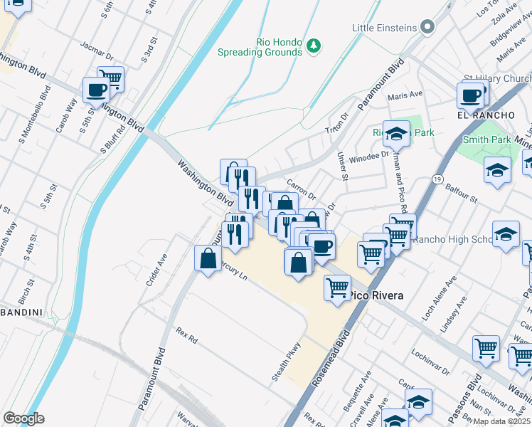map of restaurants, bars, coffee shops, grocery stores, and more near 6733 Candace Avenue in Pico Rivera