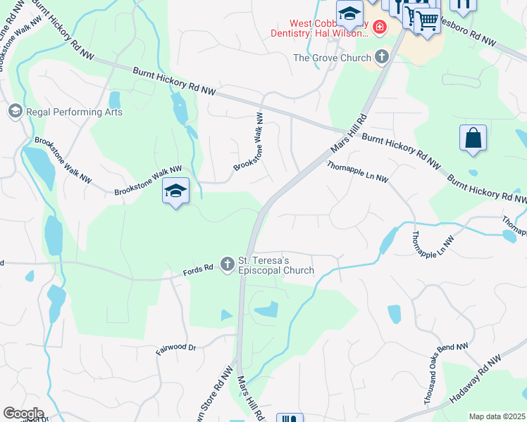 map of restaurants, bars, coffee shops, grocery stores, and more near 1345 Mars Hill Road Northwest in Acworth
