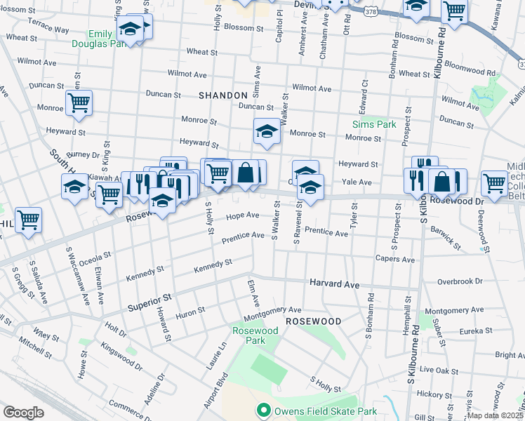 map of restaurants, bars, coffee shops, grocery stores, and more near 3115 Hope Avenue in Columbia