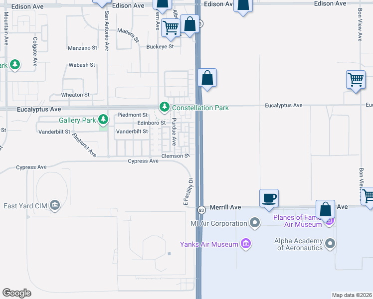map of restaurants, bars, coffee shops, grocery stores, and more near 14609 Purdue Avenue in Chino