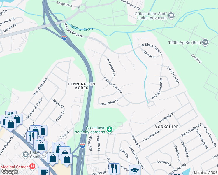 map of restaurants, bars, coffee shops, grocery stores, and more near 9 West Tombee Lane in Columbia