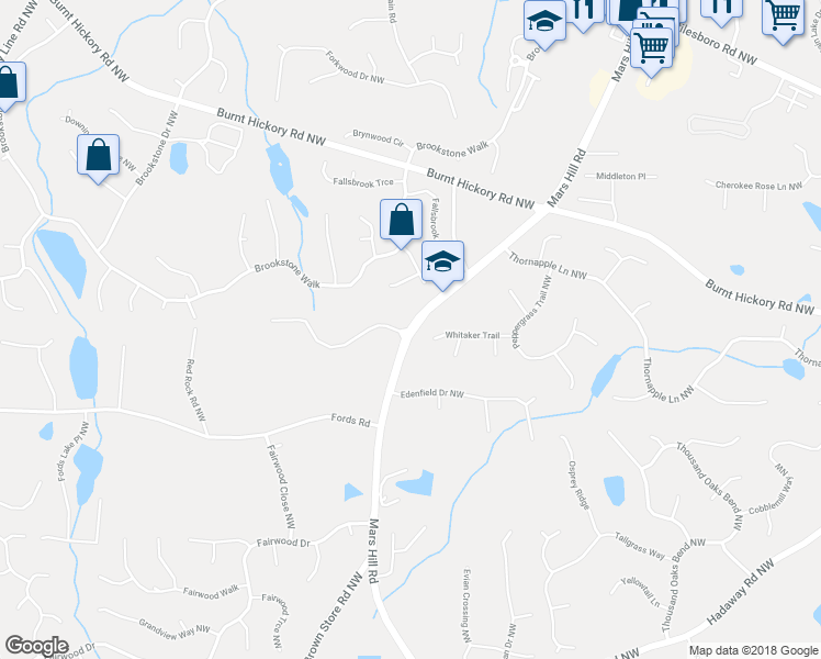 map of restaurants, bars, coffee shops, grocery stores, and more near 1345 Mars Hill Road Northwest in Acworth