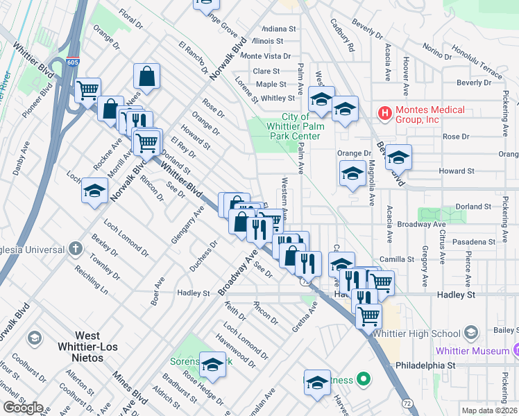 map of restaurants, bars, coffee shops, grocery stores, and more near 11273 Dorland Street in Whittier