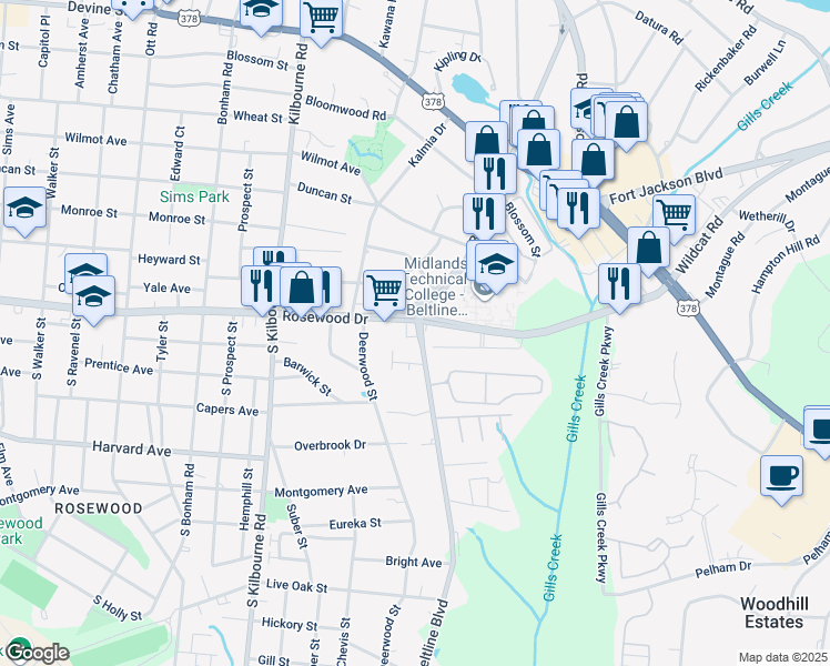 map of restaurants, bars, coffee shops, grocery stores, and more near 209 South Beltline Boulevard in Columbia