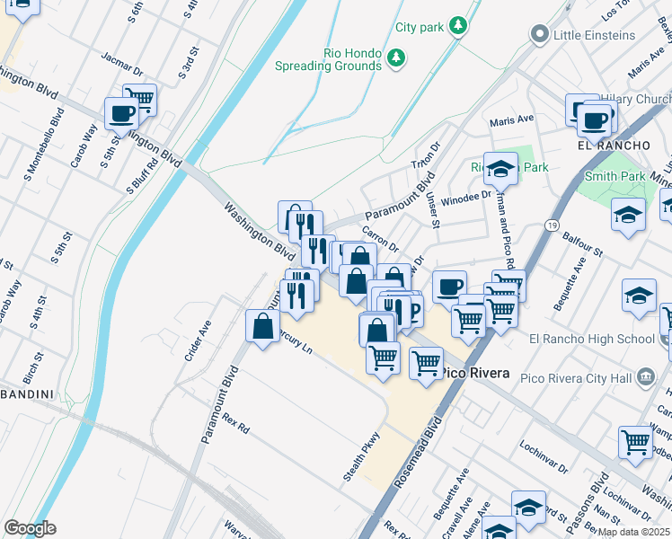 map of restaurants, bars, coffee shops, grocery stores, and more near 6733 Candace Avenue in Pico Rivera