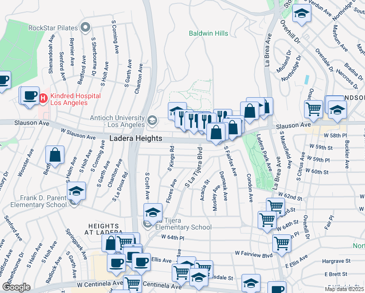 map of restaurants, bars, coffee shops, grocery stores, and more near 5048 West Slauson Avenue in Los Angeles