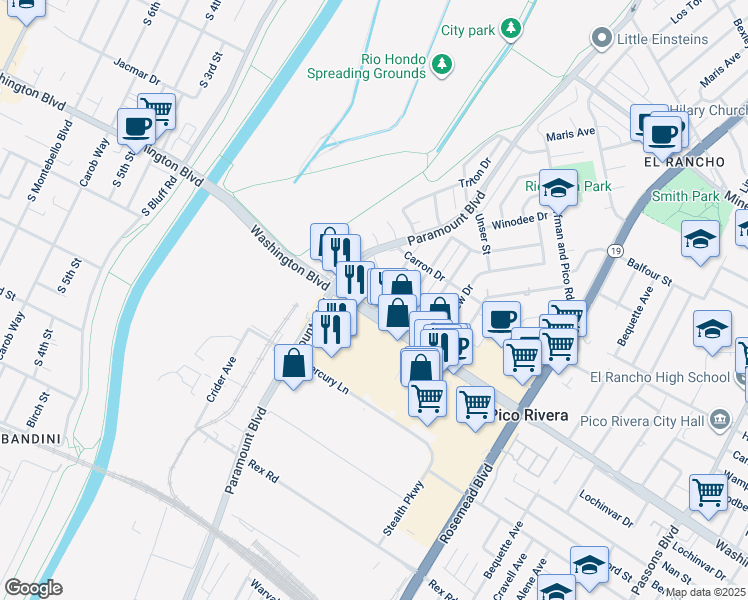 map of restaurants, bars, coffee shops, grocery stores, and more near 6733 Candace Avenue in Pico Rivera