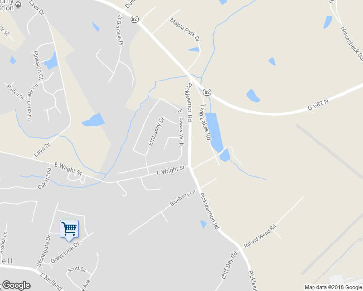 map of restaurants, bars, coffee shops, grocery stores, and more near 563 Embassy Walk in Winder