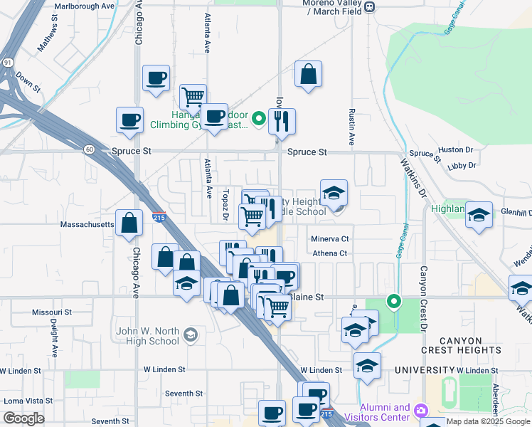 map of restaurants, bars, coffee shops, grocery stores, and more near 1313 Massachusetts Avenue in Riverside