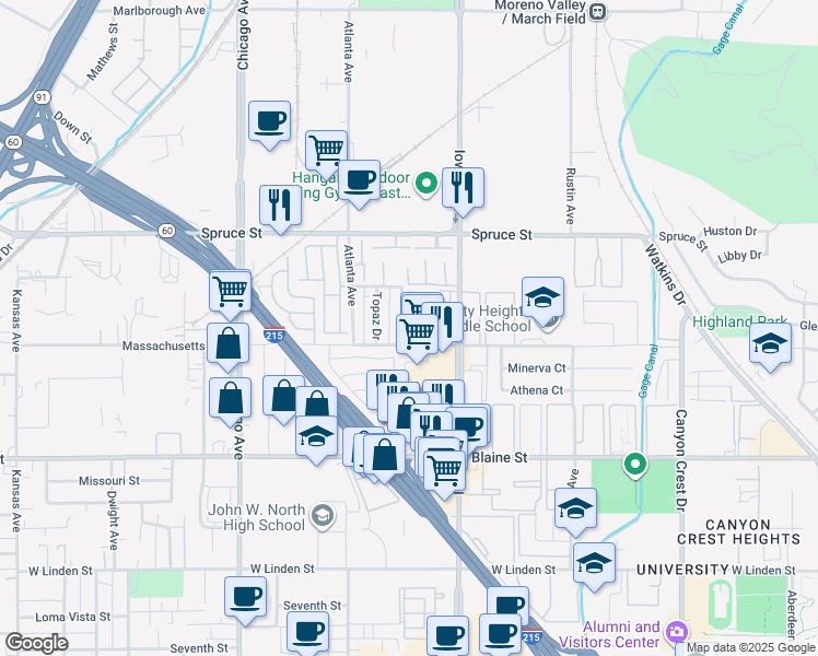 map of restaurants, bars, coffee shops, grocery stores, and more near 1335 Massachusetts Avenue in Riverside