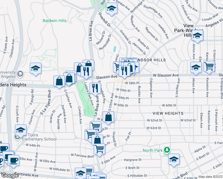 map of restaurants, bars, coffee shops, grocery stores, and more near 5907 South Citrus Avenue in View Park-Windsor Hills