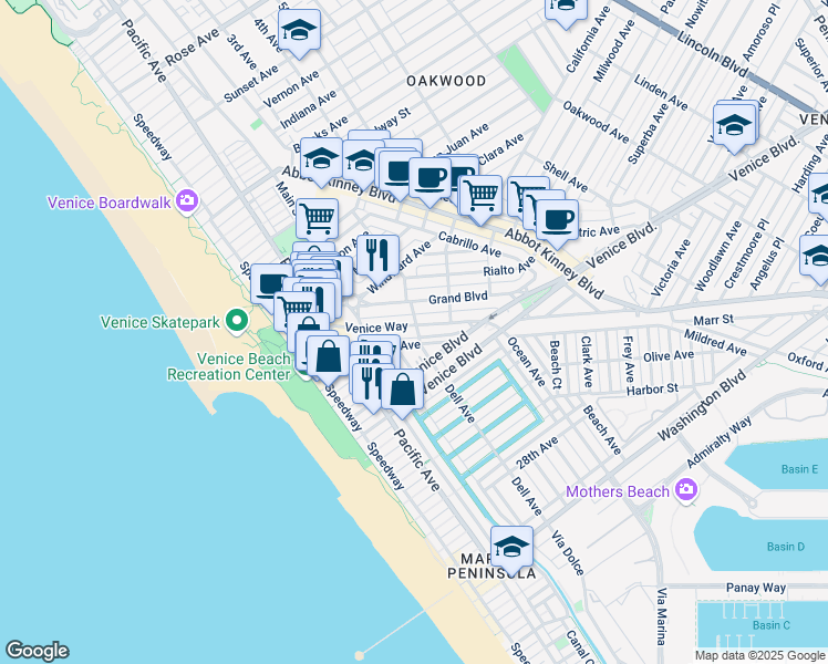 map of restaurants, bars, coffee shops, grocery stores, and more near 334 Venice Way in Los Angeles