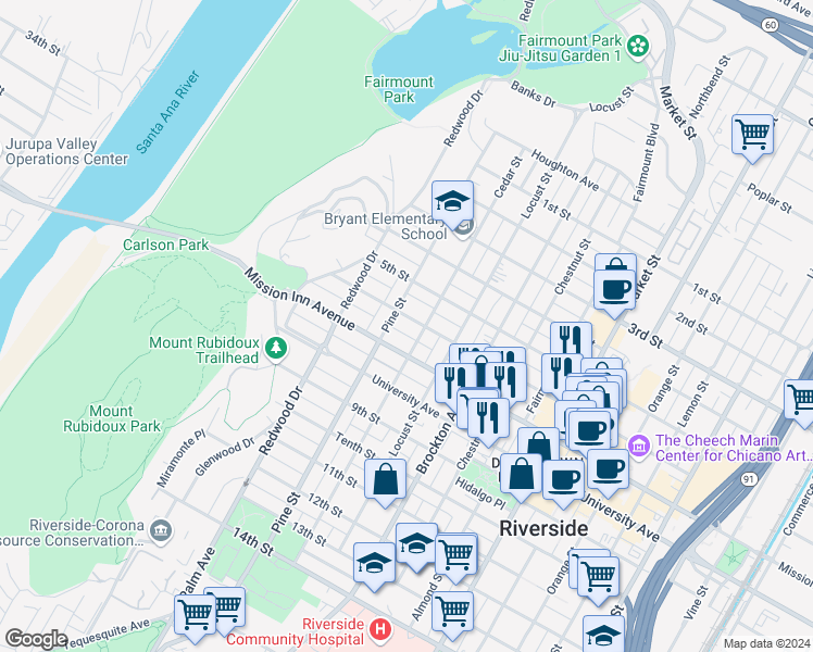 map of restaurants, bars, coffee shops, grocery stores, and more near 4352 6th Street in Riverside