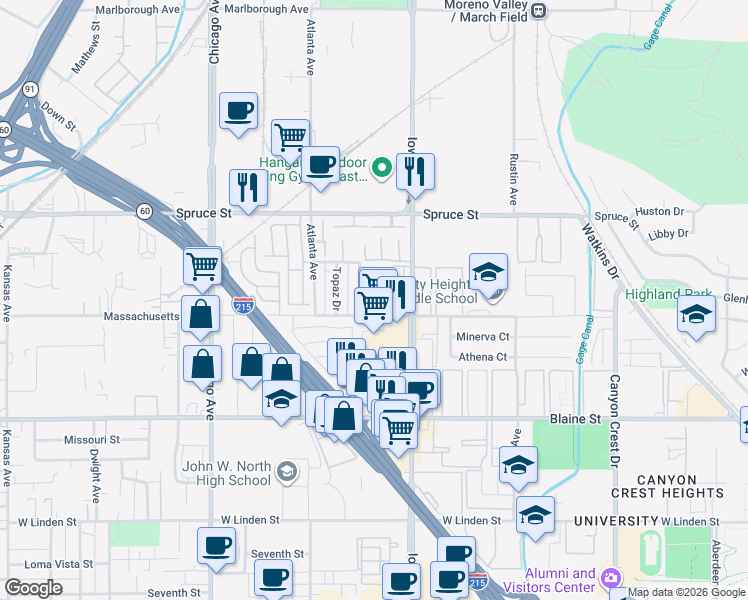 map of restaurants, bars, coffee shops, grocery stores, and more near 1331 Turquoise Street in Riverside