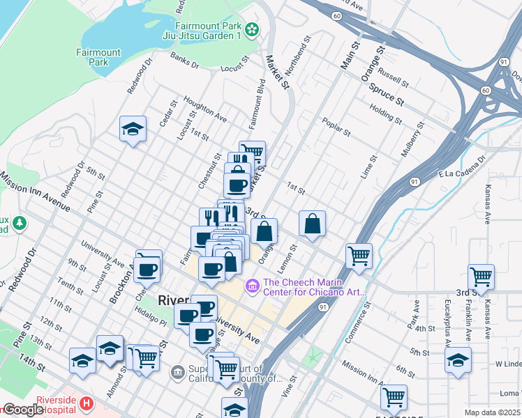 map of restaurants, bars, coffee shops, grocery stores, and more near 3260 Main Street in Riverside