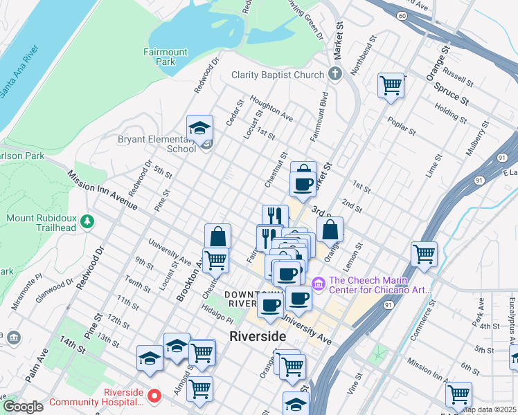 map of restaurants, bars, coffee shops, grocery stores, and more near 3944 4th Street in Riverside