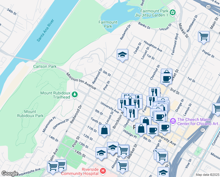 map of restaurants, bars, coffee shops, grocery stores, and more near 4352 6th Street in Riverside