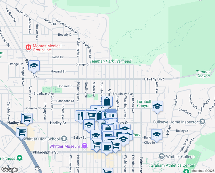 map of restaurants, bars, coffee shops, grocery stores, and more near 6037 Greenleaf Avenue in Whittier