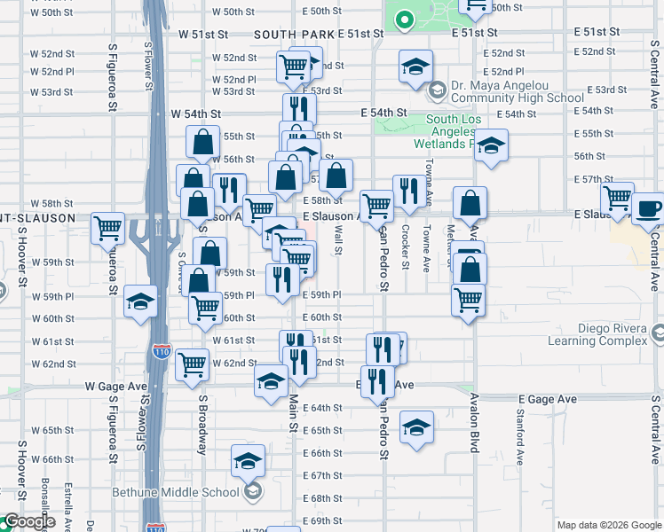 map of restaurants, bars, coffee shops, grocery stores, and more near 5913 Wall Street in Los Angeles