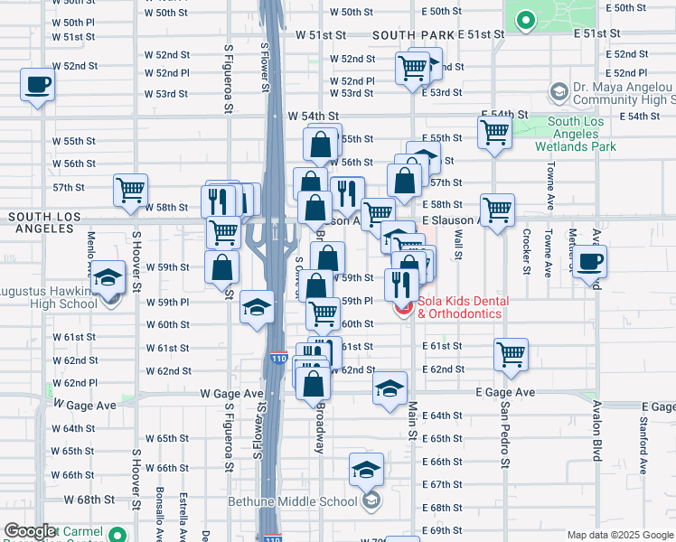 map of restaurants, bars, coffee shops, grocery stores, and more near 5894 South Broadway in Los Angeles