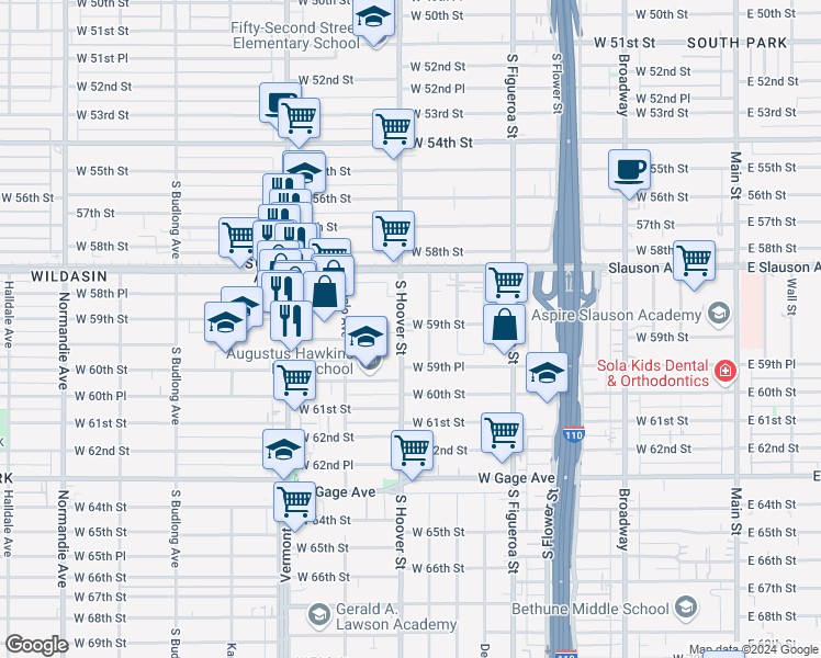 map of restaurants, bars, coffee shops, grocery stores, and more near 5910 South Hoover Street in Los Angeles