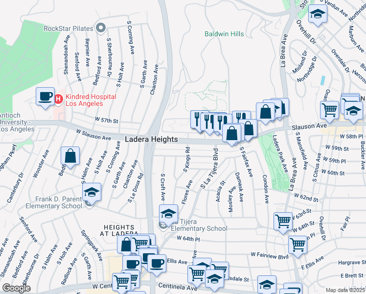 map of restaurants, bars, coffee shops, grocery stores, and more near 5125 West 58th Place in Los Angeles