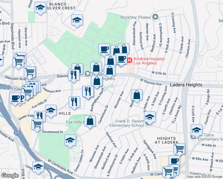 map of restaurants, bars, coffee shops, grocery stores, and more near 5660 Cambridge Way in Culver City