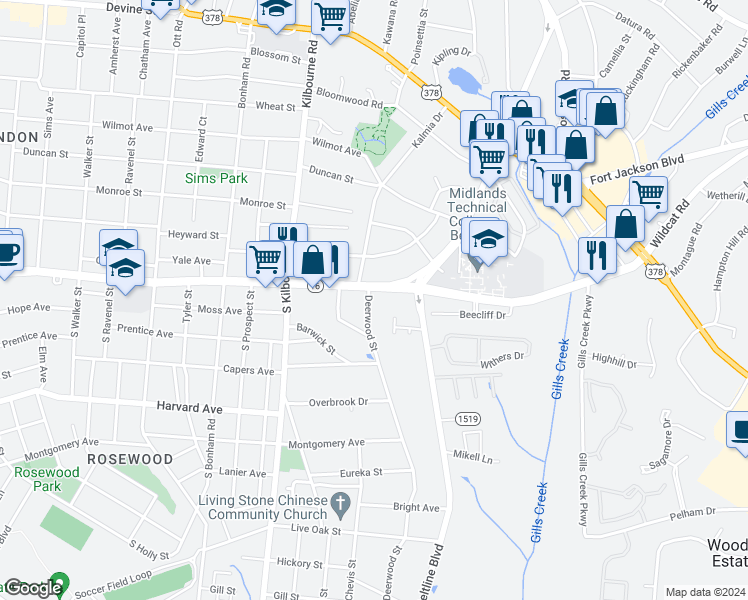 map of restaurants, bars, coffee shops, grocery stores, and more near 4004 Rosewood Drive in Columbia